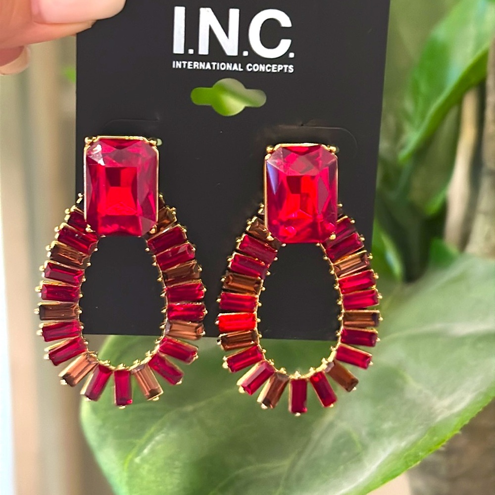 INC Red & Gold Jeweled 3 in 1 Earrings Large Stud OR Statement Teardrop